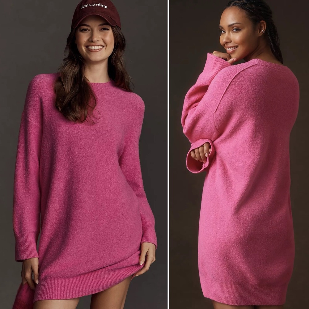 ANTHROPOLOGIE Daily Practice Hot Pink Long-Sleeve Sweater Mini Dress Size Large